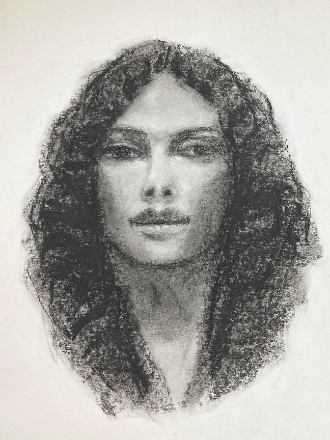 A charcoal drawing of a lady.