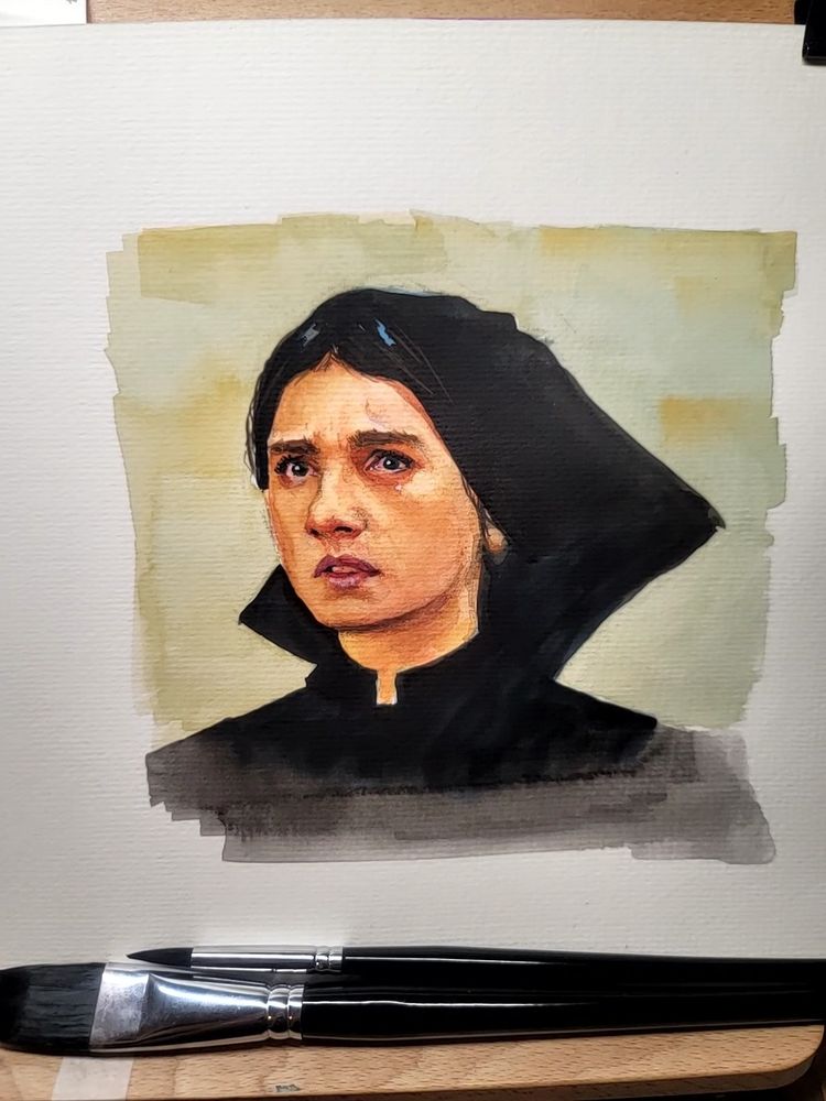 A portrait of Margaret from the movie The first Omen, done using gouache paint 