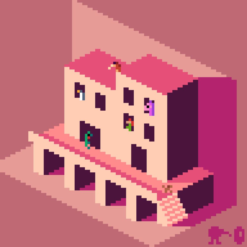 isometric pixel art of kirigami architecture! two side by side buildings with windows on a platform with stairs leading up to the buildings! taller building has a window with a pink-purple creature and one with a person, shorter building has a window with a penguin! in front of the shorter building is a green creature and at the top of the stairs is a little doggy! also me in my kiwibird form am on top of the taller building!