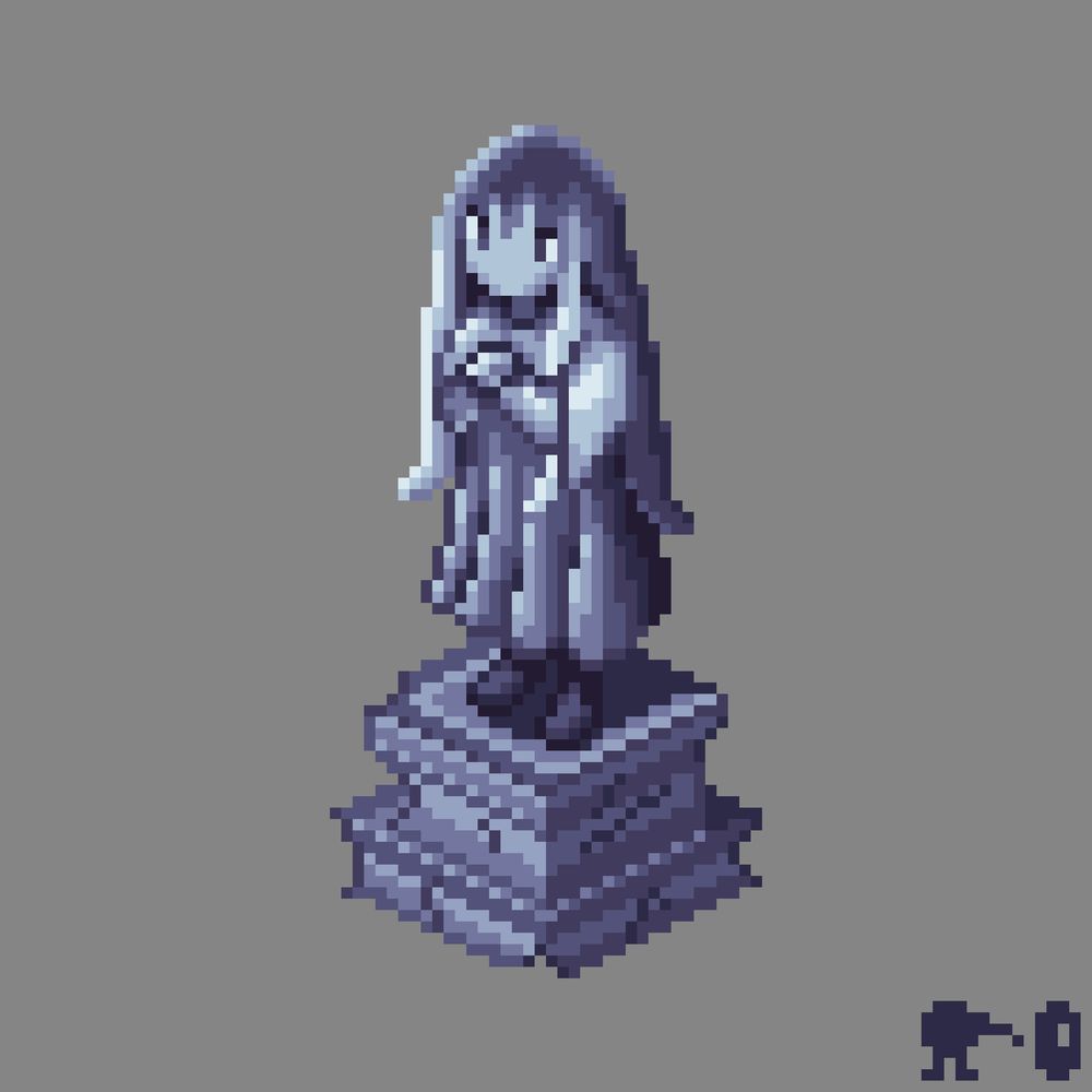 isometric pixel art of a stone statue of a girl with long hair with her hands clasp together on top of a base with cracks all over