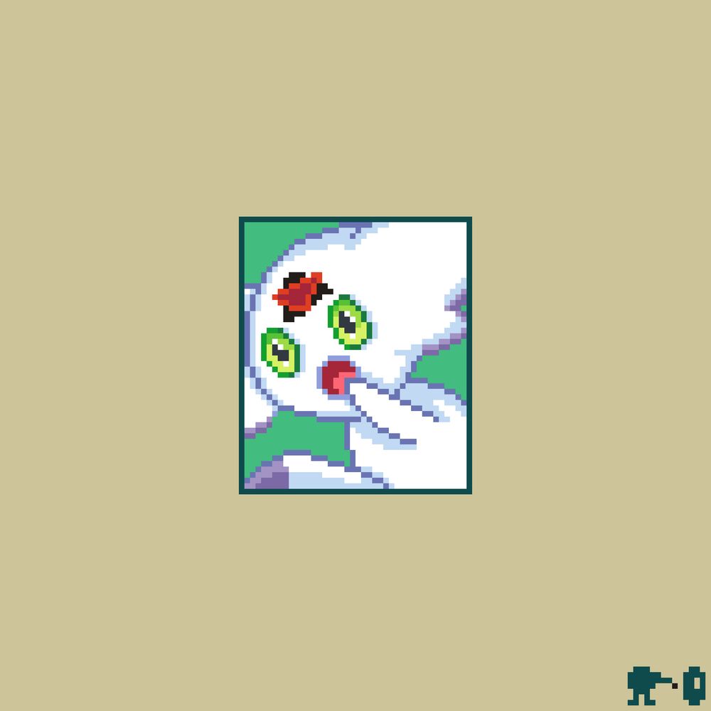 calumon from digimon portrait pixel art! calumon has a white body has big green eyes, a wide open mouth, a little hand over the mouth, and a red triangle with little black triangles on the forehead!