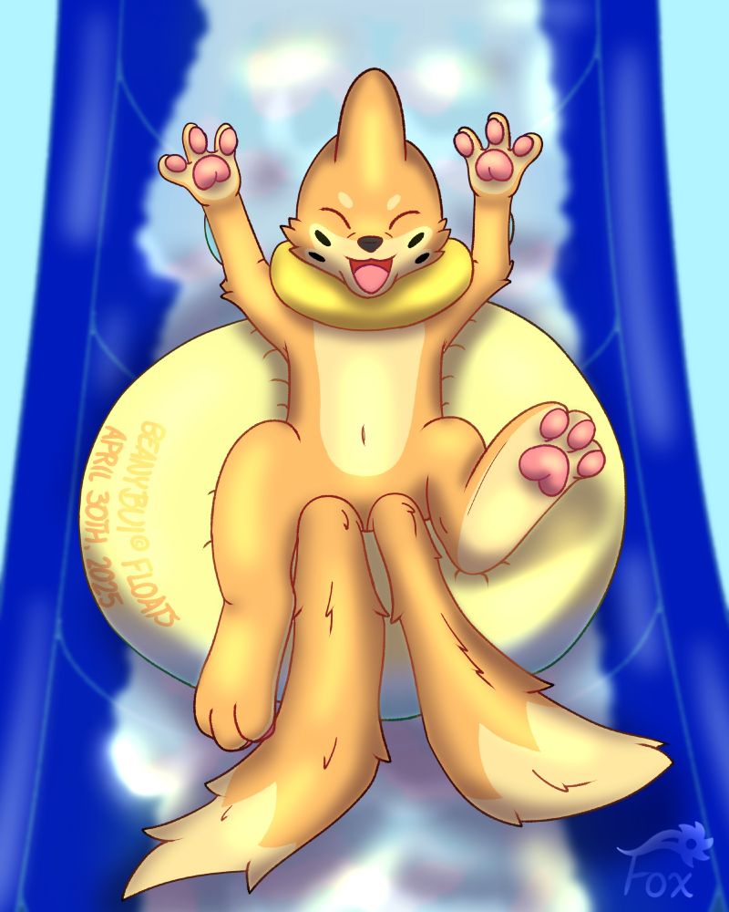 A Buizel having fun going down a waterslide on a pool float