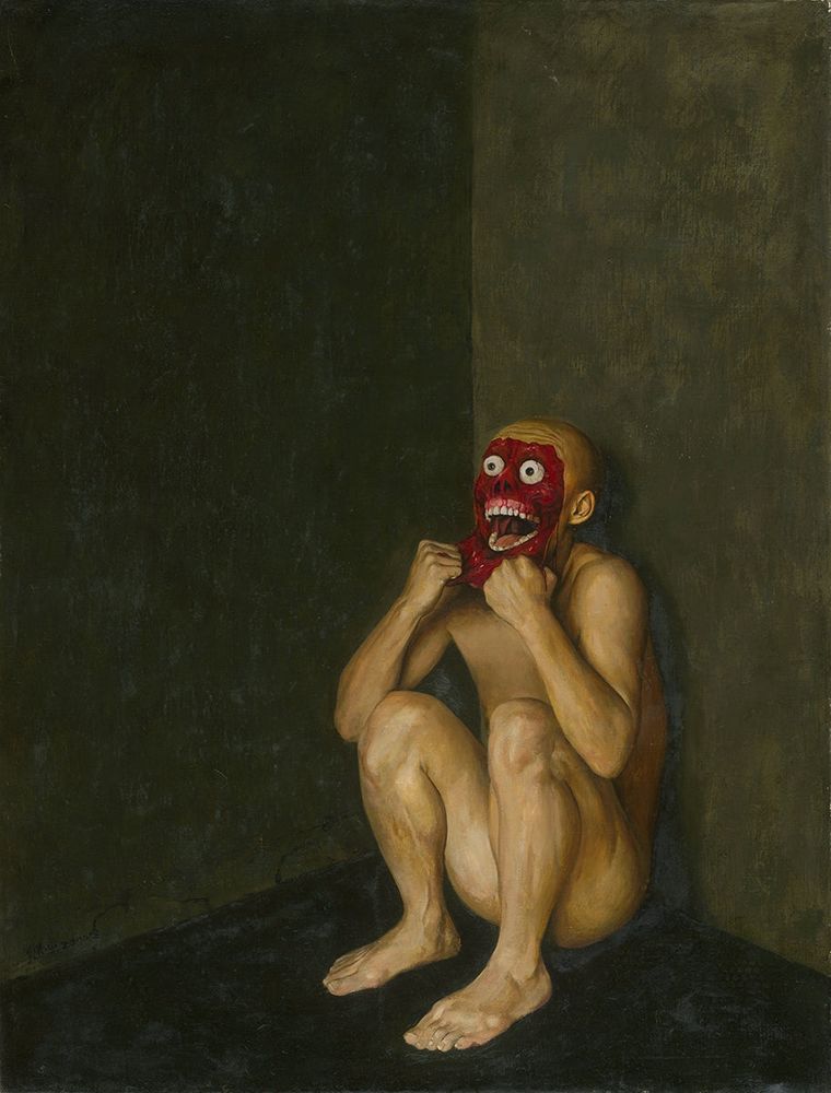 Gemälde von einem nackten Menschen, der sich zusammengekauert in einer Ecke die Gesichtshaut abreißt.