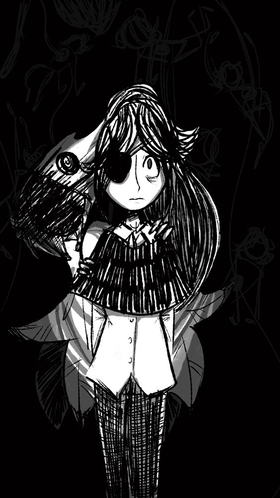 A sketchy grayscale image of a young woman with long hair tied in a high ponytail, with an eye patch, a dress shirt, a black shawl and grey trousers looking slightly upwards very nervously while a figure wearing a feather-patterned poncho looms behind her, holding onto the main figure's shawl. The poncho figure has it's face obscured with scribbles but some hair escapes. In the background are empty vessels with their chest open and thin strands of an unknown material escape it.