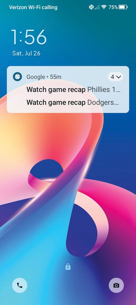 Screenshot of a cellphone lock screen. There are two baseball notifications from Google 