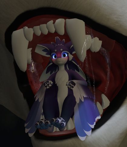 A very flustered-looking Avali sitting inside of a drooling maw