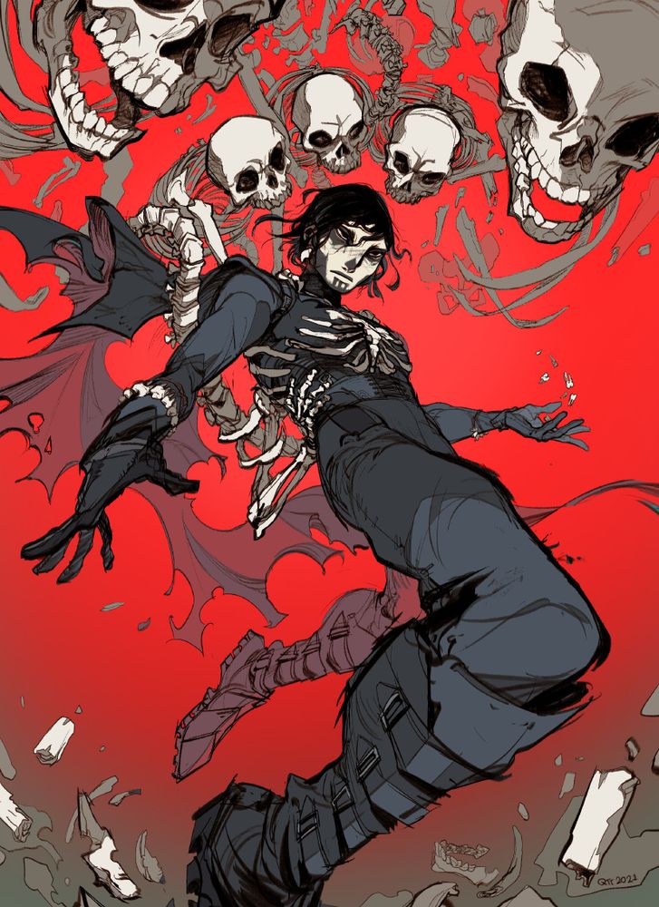A drawing of Harrowhark stepping on shards of bone with a red background. Remnants of skeletons surround her.