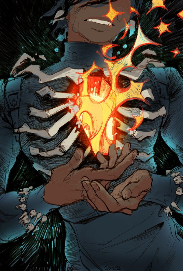 A drawing of Harrowhark holding her hands in front of a flame emanating from a coffin-shaped hole in her chest.