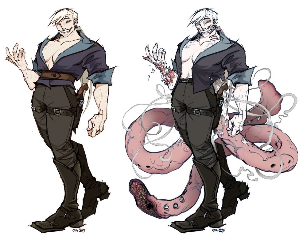 A digital illustration of my original character, a tall woman dressed in a blue seafarer’s jacket. Her pale skin has scars across her arms, and her hair is white and tied into a long ponytail. Next to it is the same illustration as prior, but with more monstrous features. Her skin is unnaturally pale with a blue tinge, and various slimy appendages sprout from her back underneath her jacket. Two of the appendages resemble large, fleshy lamprey eels.