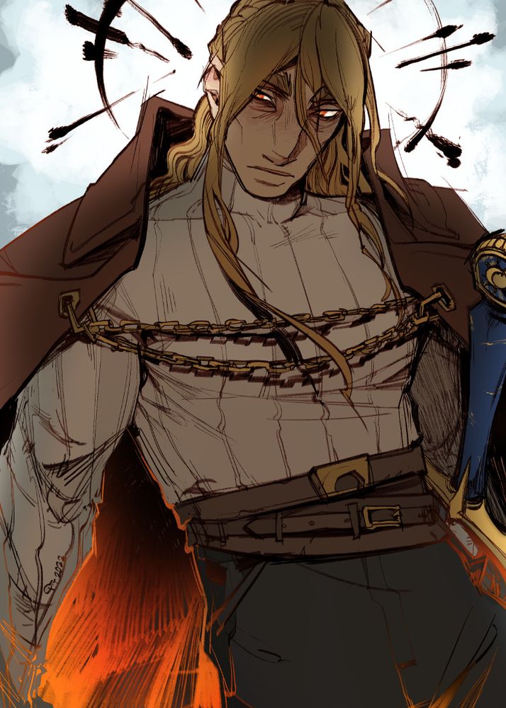 An illustration of a tall woman with sand-coloured hair. A large sword hilt pokes from under her cloak, and an inky halo surrounds her head.