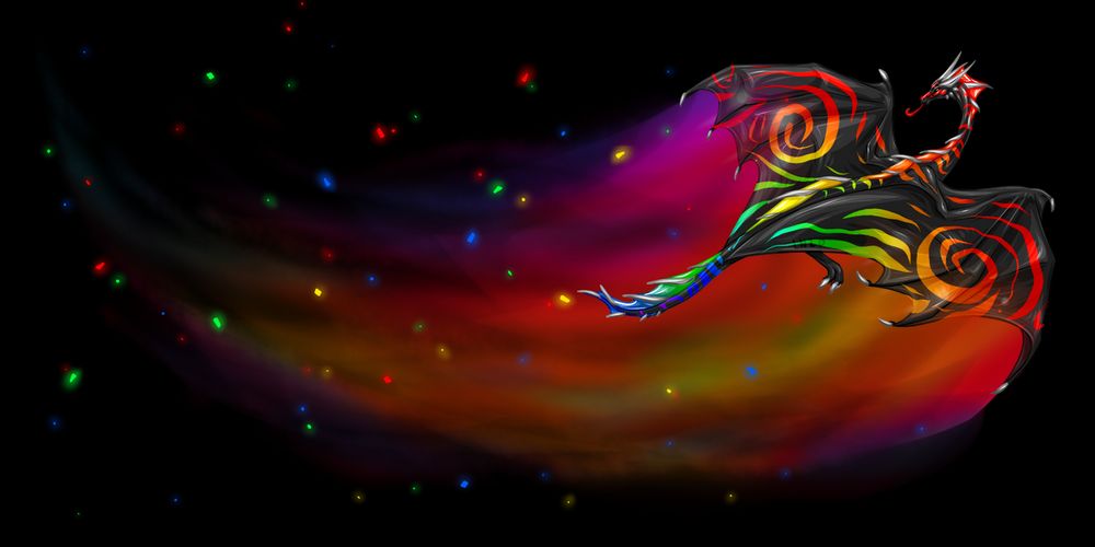 A black dragon with rainbow markings, celebrating Pride.