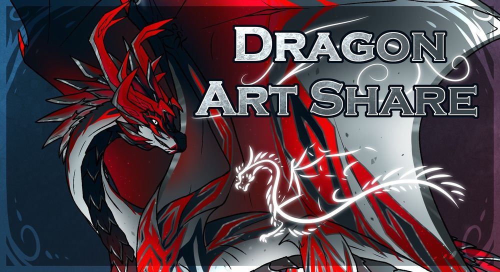 A banner of a silver, red and black dragon with the words ‘dragon share’ and a glowing little dragon doodle scrawled across the bottom.