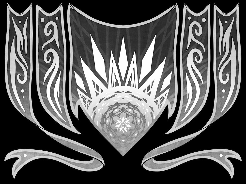 A silver banner with a sharp, metal sun sigil.