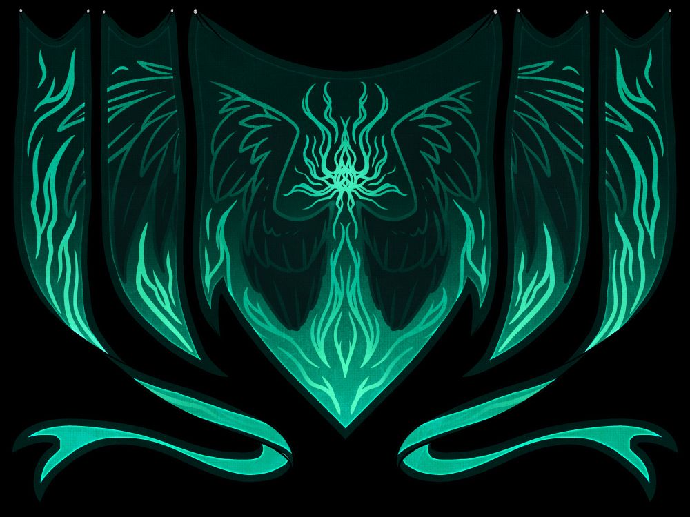 A green banner with wings and flames in lighter green.