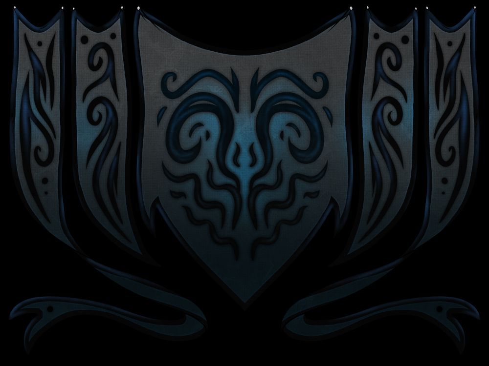 A dark banner with a black swirling motif.