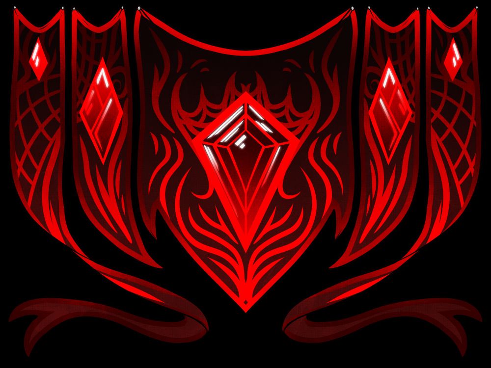 A bright red banner with the diamond-shaped insignia of a ruby on it.