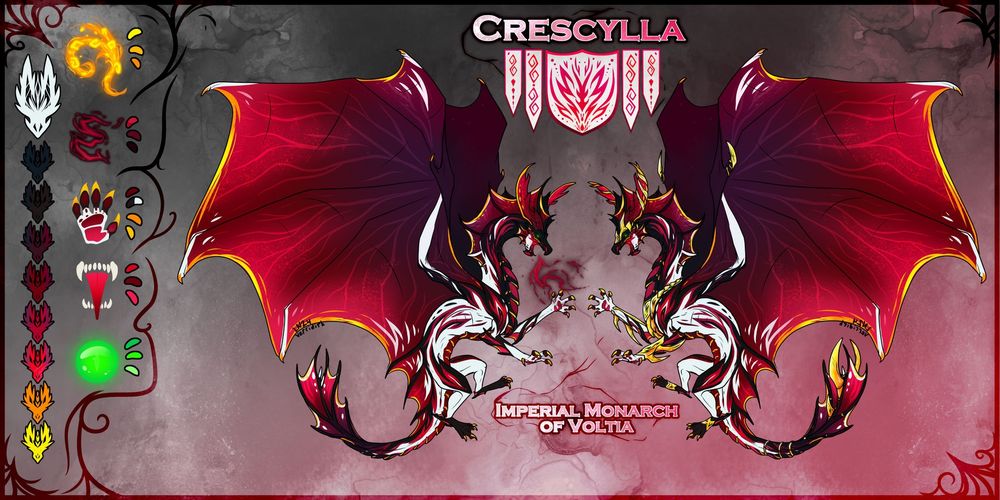 A white dragon with red, black and gold markings.