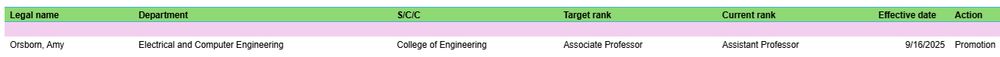 Screenshot of a spreadsheet with entries showing that Amy Orsborn will be promoted from assistant to associate professor effective 9/16/25
