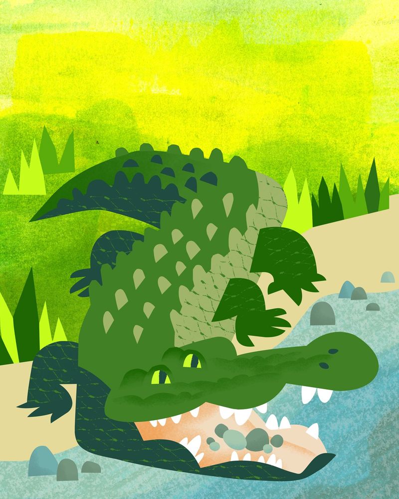 Illustrated crocodile swallowing rocks.