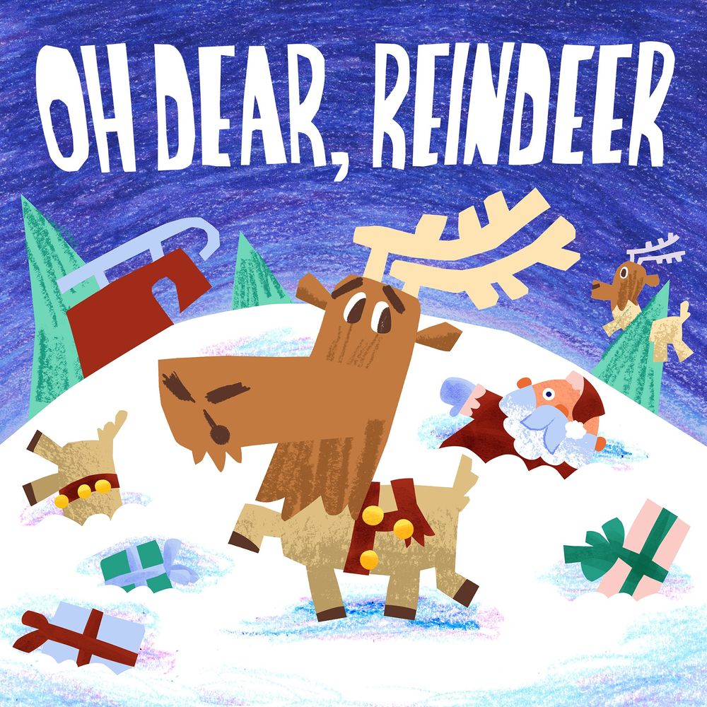 An illustration of a reindeer looking at Santa Claus, random gifts and other reindeer stuck in the snow. An overturned sleigh is in the background.