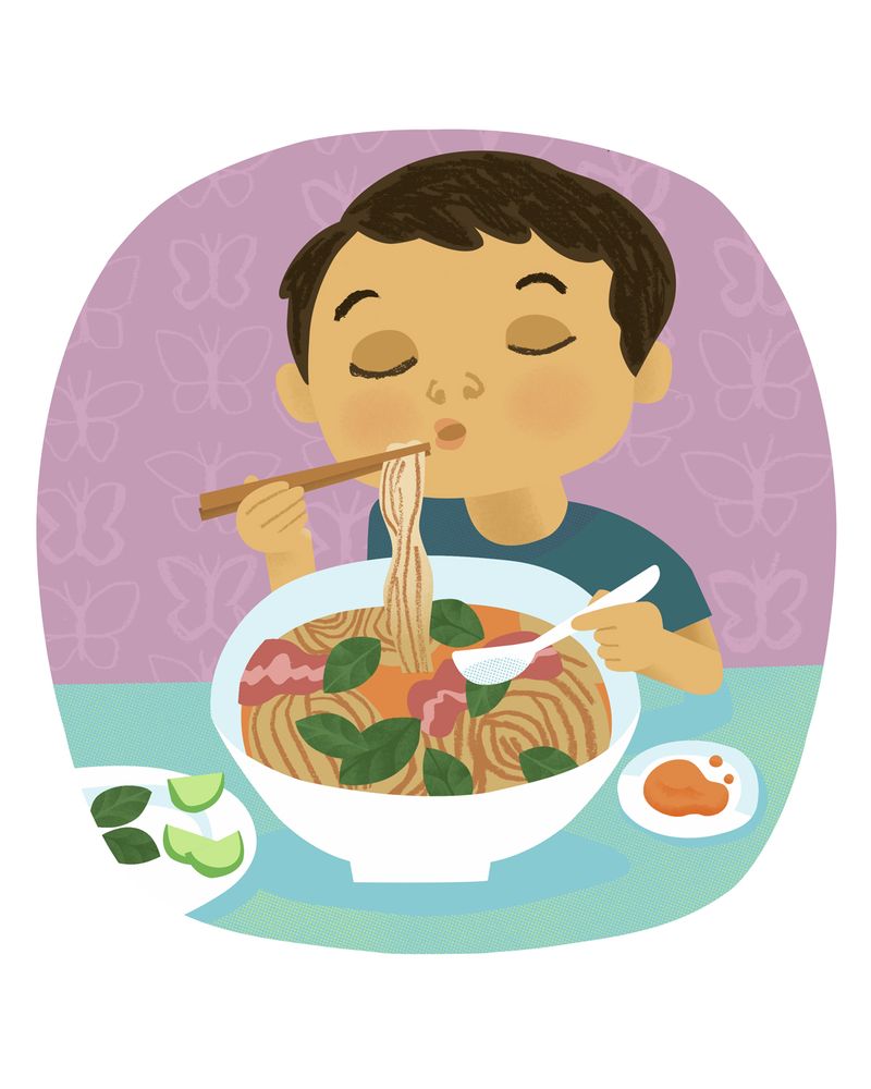 Illustration of a child eating a bowl of pho with chopsticks and a spoon.