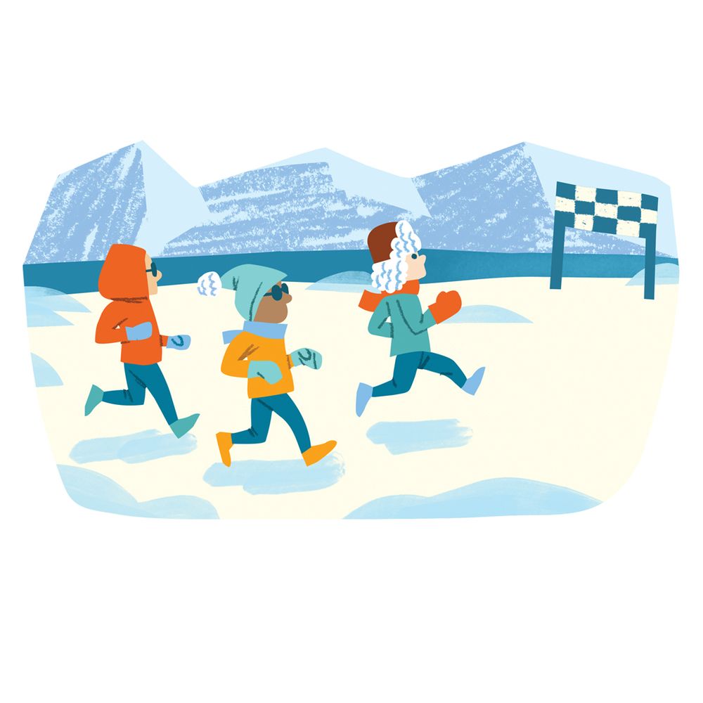 Three runners in winter gear running across an arctic landscape. 