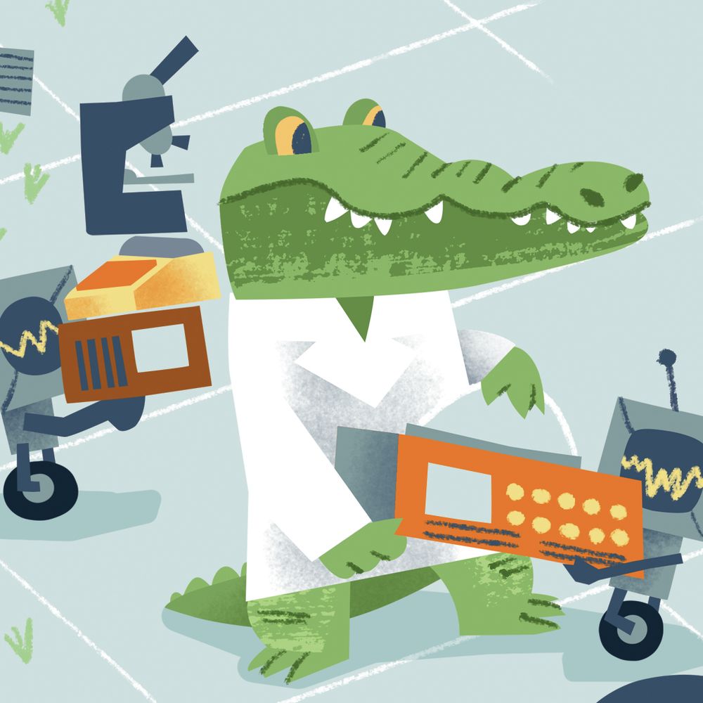 Anthropomorphic alligator carrying lab equipment.