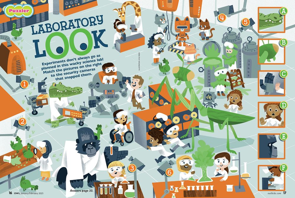 Illustrated puzzle page with anthropomorphic characters and young children conducting science experiments.