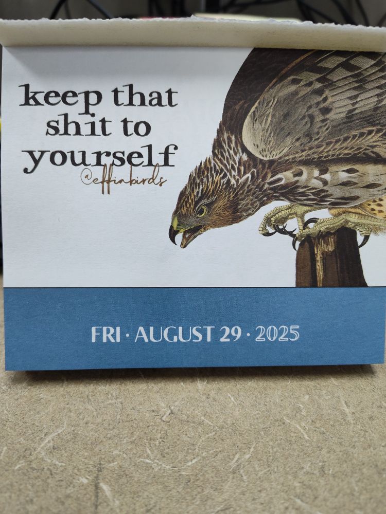 Effin' Birds day calendar for August 29, 2025.
Text says "keep that shit to yourself".