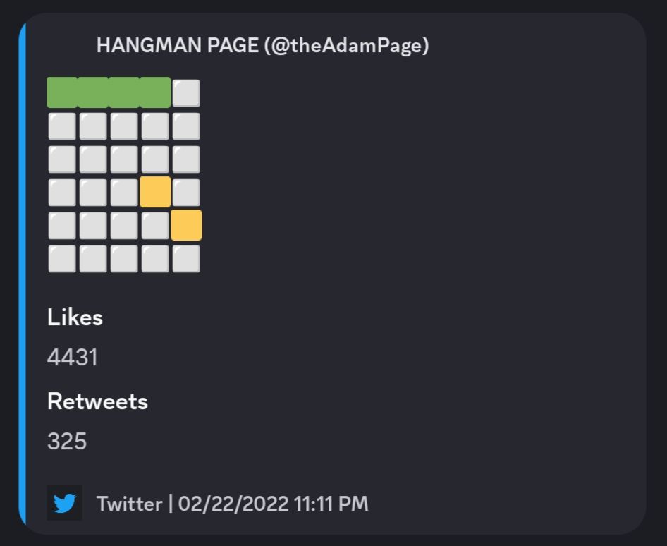 Hangman attempts to solve a Wordle puzzle. He begins with getting four letters correct in the first attempt only to end up with none of the letters being correct on the final attempt.