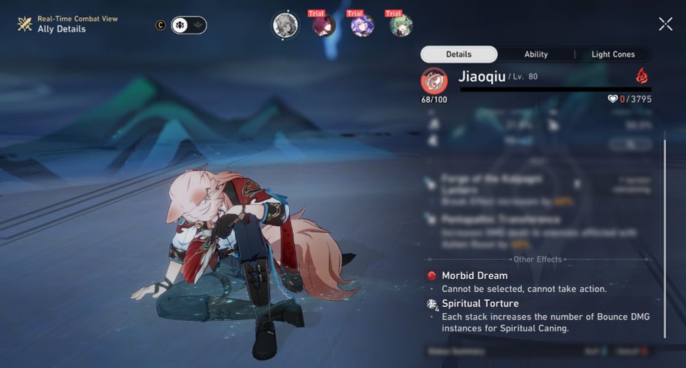 Jiaoqiu (HSR) captured in combat against Something Unto Death. Inflicted with additional player status: Morbid Dream and Spiritual Torture.