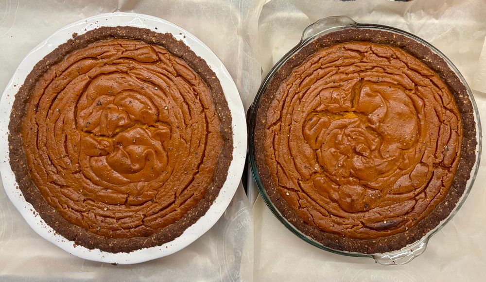 Two sweet potato pies, with ginger spiced almond cookie crusts