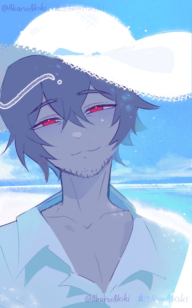 art of Kawara Ryuuji at the beach during a bright sunny day looking at Shuu in a gay way