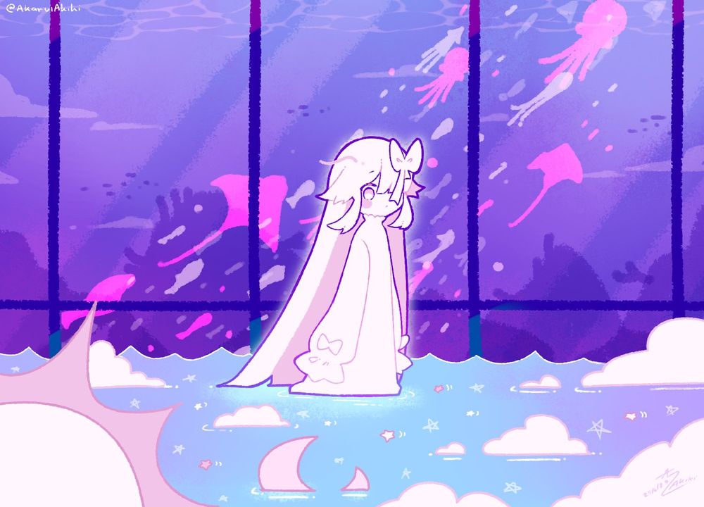 A girl walking in a flooded building with the sea on the other side of the window. The art has a dreamcore aesthetic