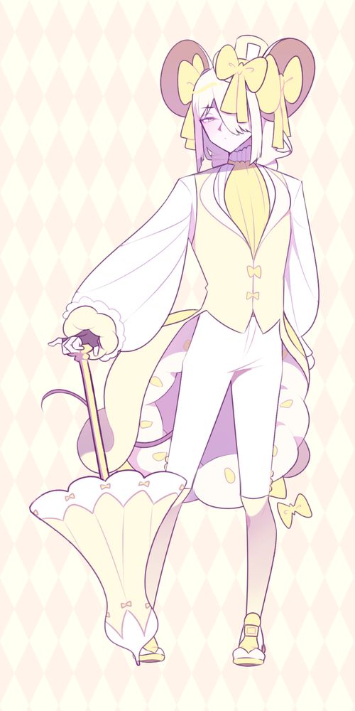 A character design of Alice in Wonderland's character "Dormouse". Dormouse has 2 different forms, this is the "tall" form. He has one braid, wears an elegant yellow pastel outfit, and has an umbrella of the same color. One of his eyes is covered and her ears have bows in it.