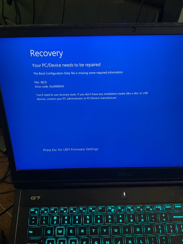 Recovery 

Your PC/Device needs to be repaired 

The boot configuration data file is missing some required information

File:\BCD
Error Code: 0xc0000034

You’ll need to use recovery tools. If you don’t have any installation media (like a disk or USB device), contact your PC administrator or PC/Device manufacturer.

Press ESC for UFEI Firmware Settings.