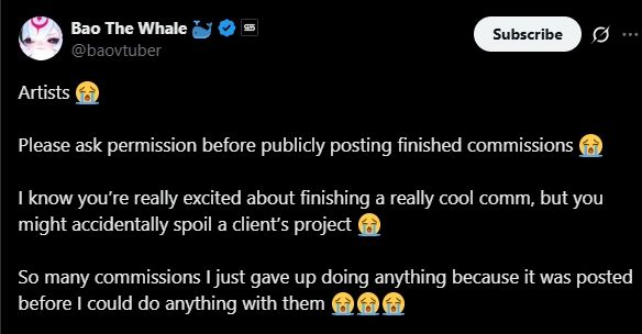 A screenshot of Bao being an entitled brat and saying that artists should ask for permission to post a commission. Rather than taking responsibility as the commissioner and asking for things to remain secret.