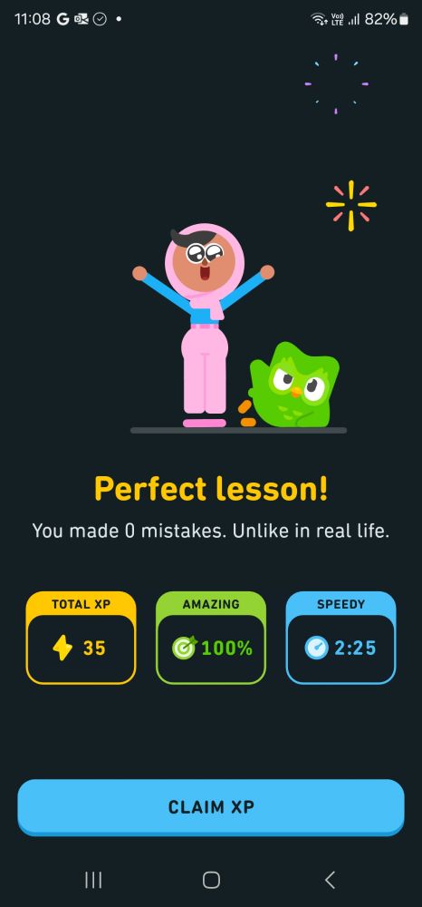 A Snapshot of Duolingo. It says "Perfect Lesson". But it also says "You made 0 mistakes. Unlike in real life".