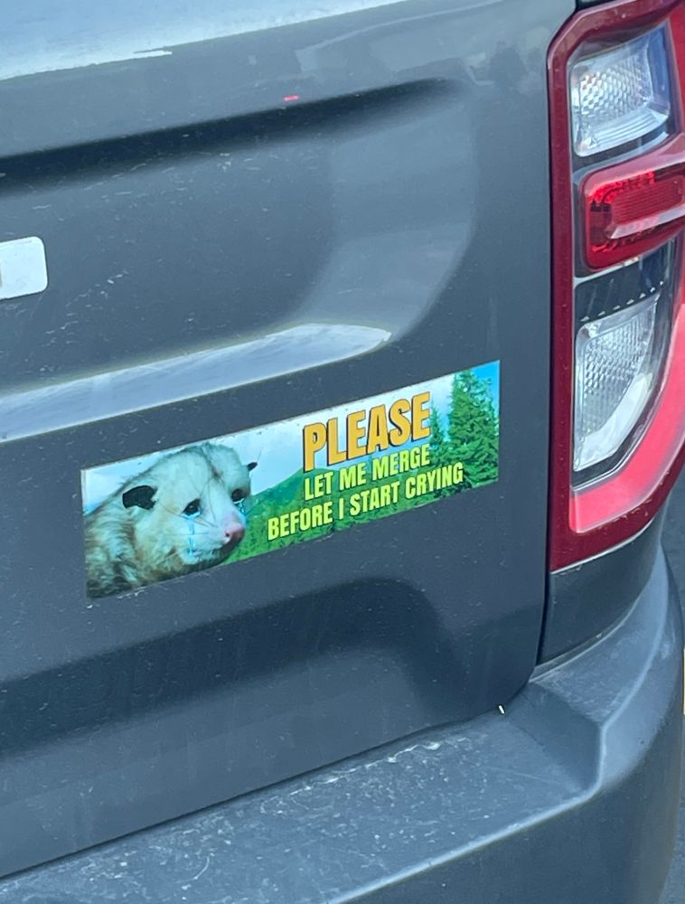 bumper sticker that says "please let me merge before I start crying" with a picture of a crying animal that I think is a possum