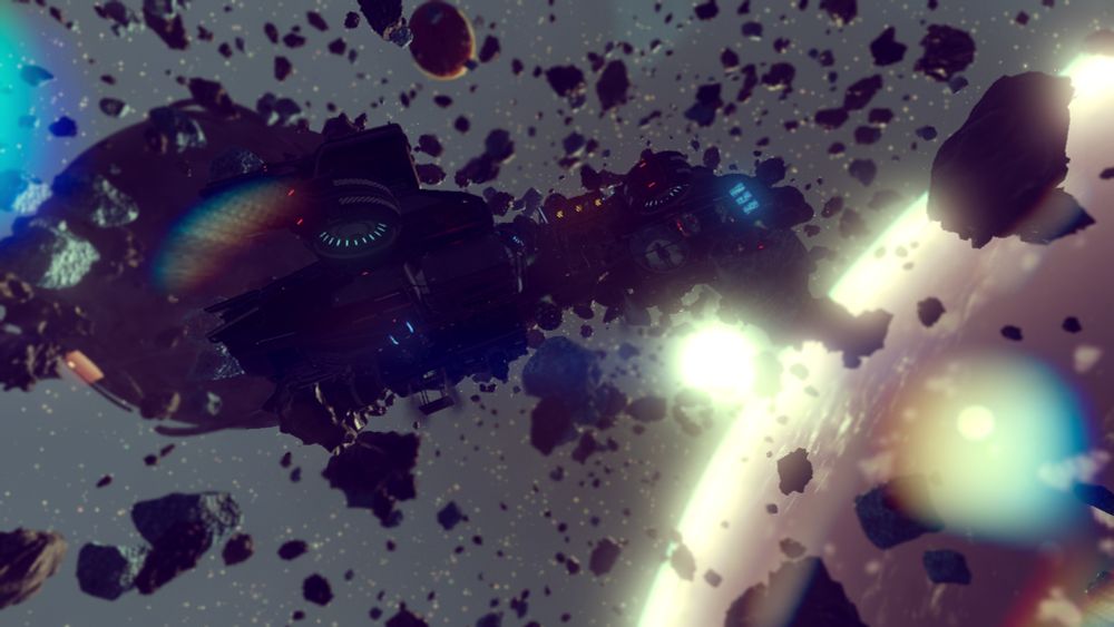 screen capture in colors from the game No Man's Sky.
a corvette class starship parked in an asteroid field with a planet and a star on the background.