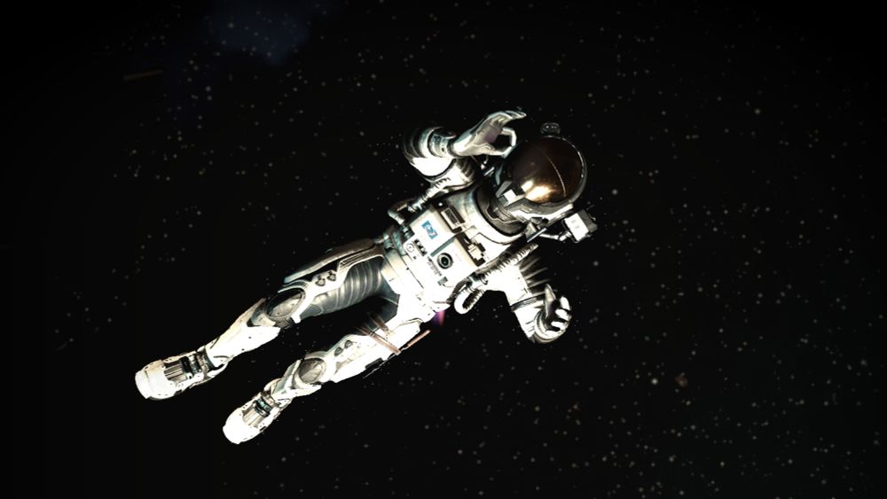 screen capture in colors from the game no man's sky. a traveler signaling "ok" during a space walk with nothing but the endless space on the background.