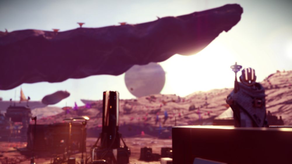 - photo, game capture, in colors. 
the echo of woorooboo, a character in the game no man's sky, standing outside at a planetary settlement, with another planet on the horizon, right after the late magic hour. the alien structures both natural and manufactured are not always obvious, but it still feels right as rain.