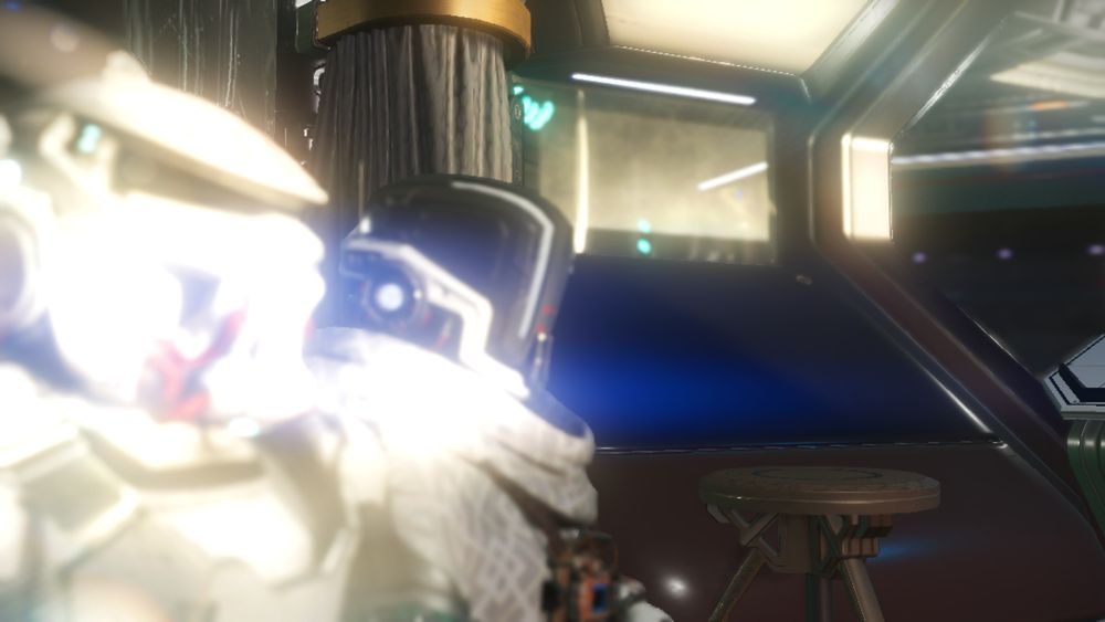 - photo, game capture, in colors. 
the echo of woorooboo, a character in the game no man's sky, and a friend from old times. sitting inside his capital ship, having a long due talk, right before doing some salvaging from a derelict freighter not far from there. the fancy interior and the long road until here, especially after the hiatus, nearly made us strangers. we still know each other.