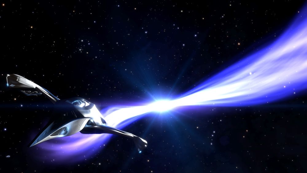 screen capture from the game elite dangerous. a gutamaya corsair flying past a white dwarf throughout the milky way.