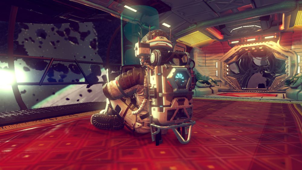 screen capture from no man's sky. a traveller relaxing inside a corvette class star ship in an asteroid belt.