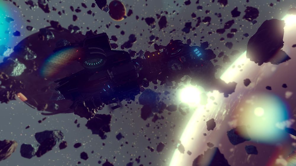 screen capture in colors from the game no man's sky. a corvette class star ship flying through an asteroid field on a planet's orbit.