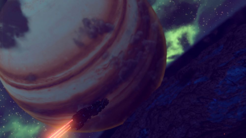 screen capture from no man's sky. a corvette class space ship flying through the atmosphere of the moon of a gas giant.