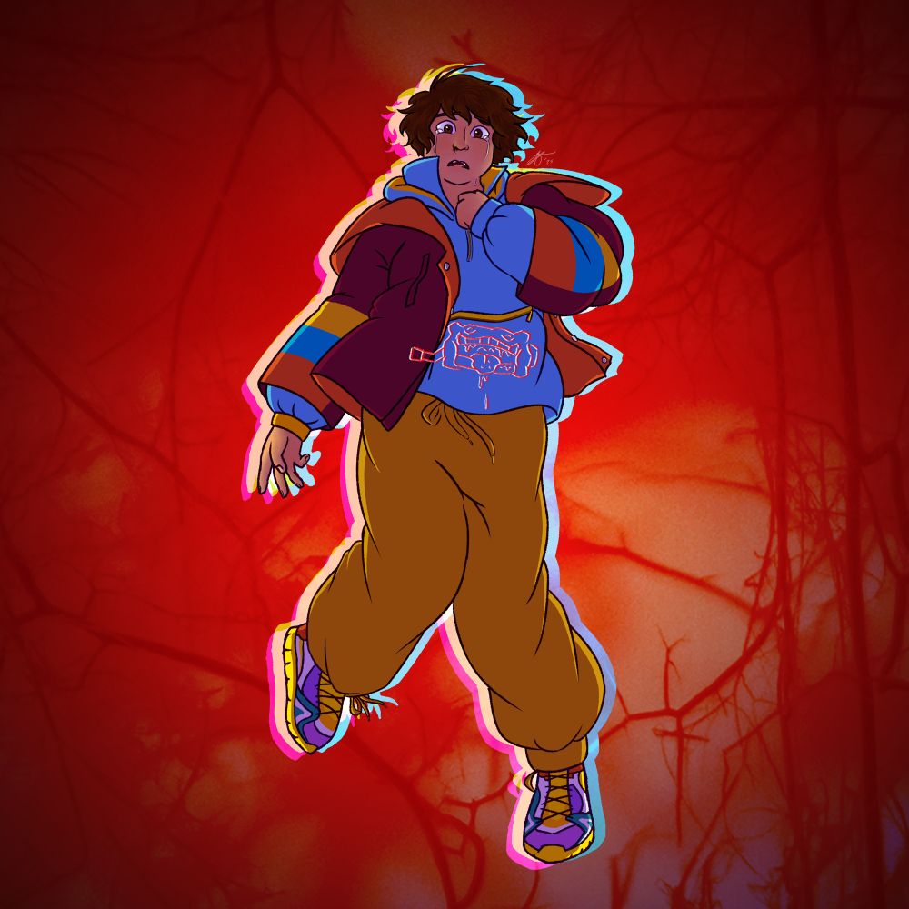 an illustration of Shouma from kamen rider gavv. he’s floating and looking shocked and devastated, with tears running down his face. he is outlined with chromatic aberration, and over top of his clothes is an outline of his gavv with the same effect. the background is of branching blood vessels.