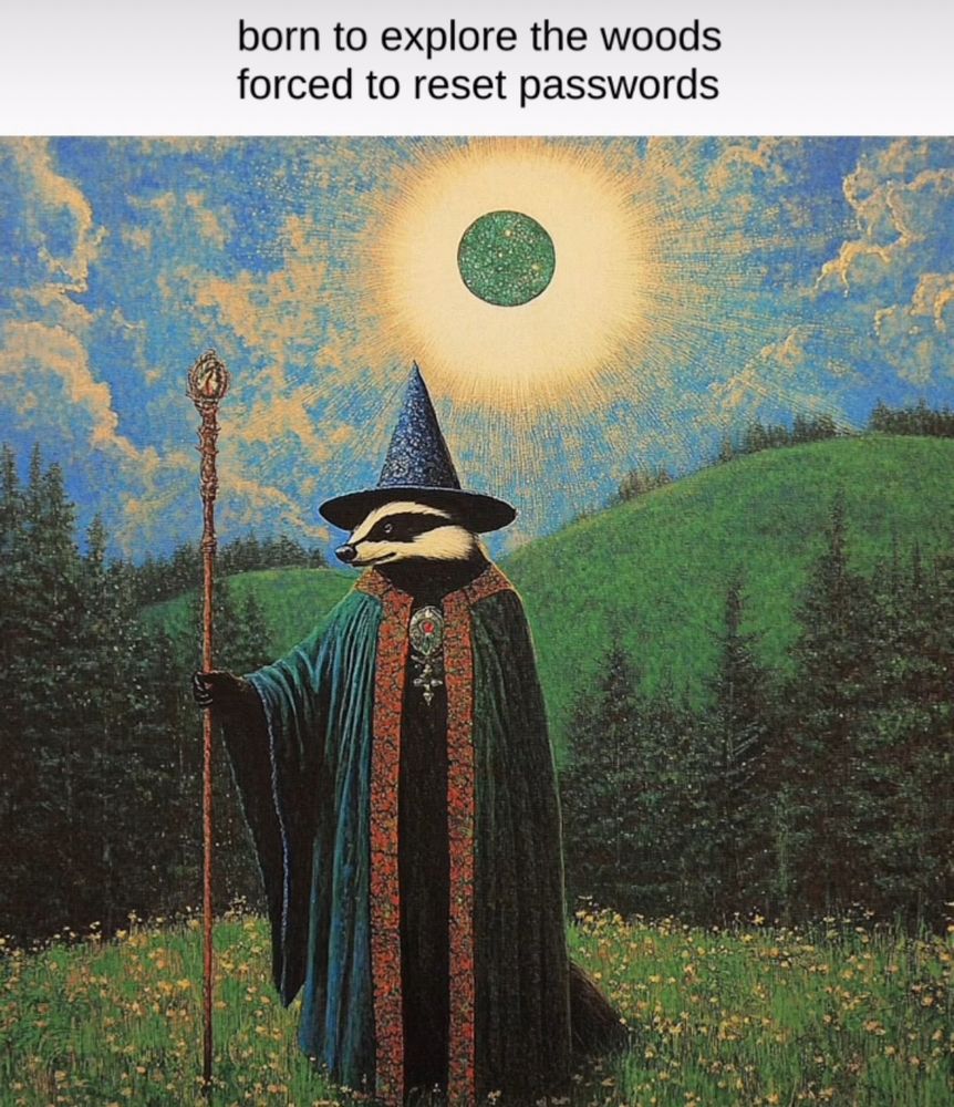 A badger with a staff standing in the woods in a cloak w/ a blue rock sun shrowded in yellow, caption reads “born to explore the woods, forced to reset passwords” lol