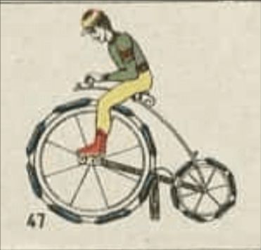 Old illustration showing a person on a cycle with firework charges attached to wheels. Front wheel is much bigger that hindwheel
